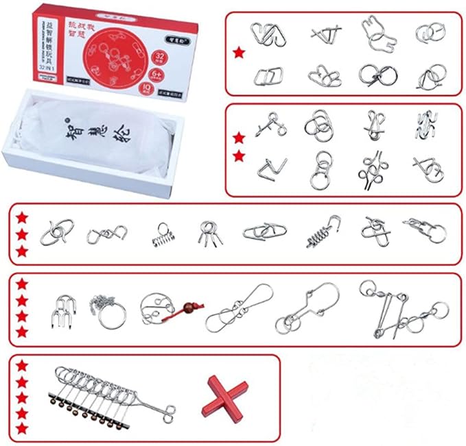 32 Brain Teasers Metal Wire IQ Puzzles,for Adult Children and Student Expanding Mind, Disentanglement Puzzle Unlock Interlock Toys Stocking Stuffers