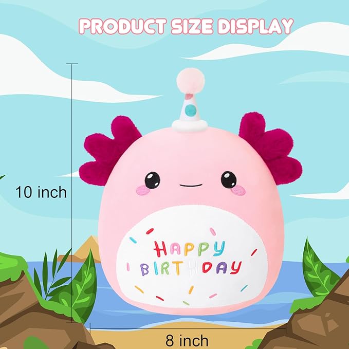 SQEQE Axolotl Stuffed Animal Toy Happy Birthday Axolotl Plush Cute Pink Birthday Plushies Doll Home Decor for Kids Girls Boys 10 Inch