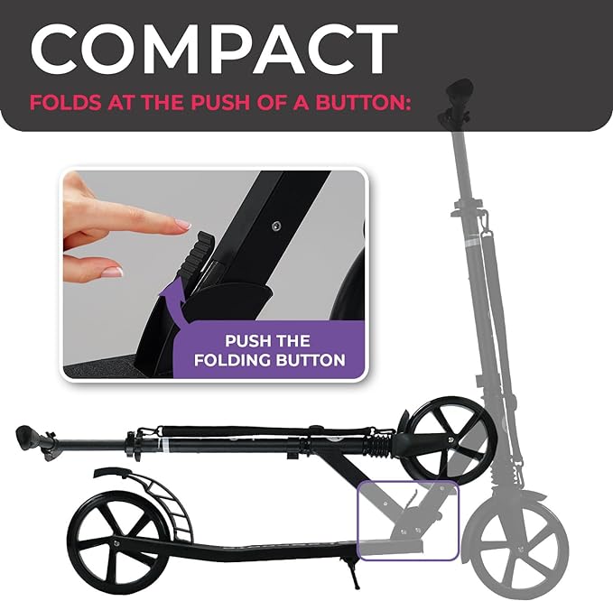 LaScoota Kick Scooter for Kids Ages 6+, Teens & Adults, Large 8" Sturdy Urethane Wheels. Adjustable Handlebar, Lightweight, Foldable, 220lbs Max Load