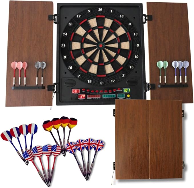 Dartboard Professional Electronic Dart Board with LED Digital Scoreboard, Wooden MDF Cabinet, 27 Games, 202 Variations, Includes 16 Soft Tip Darts & 16 Replacement Tips, Perfect for Adults Game Room