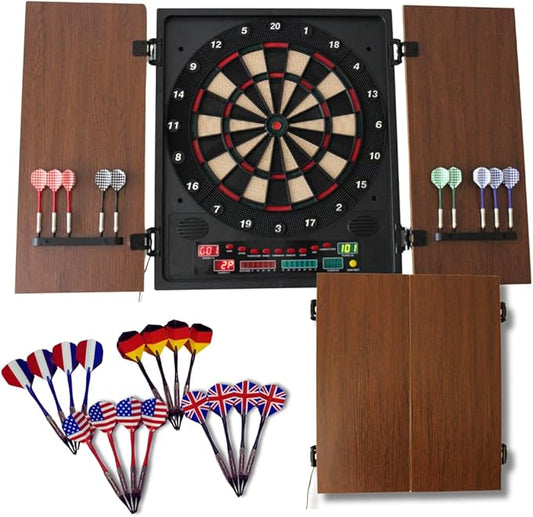 Dartboard Professional Electronic Dart Board with LED Digital Scoreboard, Wooden MDF Cabinet, 27 Games, 202 Variations, Includes 16 Soft Tip Darts & 16 Replacement Tips, Perfect for Adults Game Room