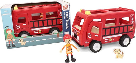 Leo & Friends Fire Truck Play Set - Wooden Kids Toy for 3-Year-Olds and Older - 3-Piece Educational Toy for Kids - Durable Wooden Toy Train Set for Toddles - Christmas Birthday Gifts
