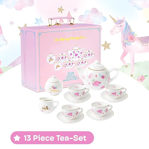 Jewelkeeper Porcelain Tea Set for Little Girls with Pink Picnic Basket - 13 Pieces Mini Toddler Tea Sets for Girls 2-4 - Real Cups, Teapot, and Saucers - Children Playset - Floral Design
