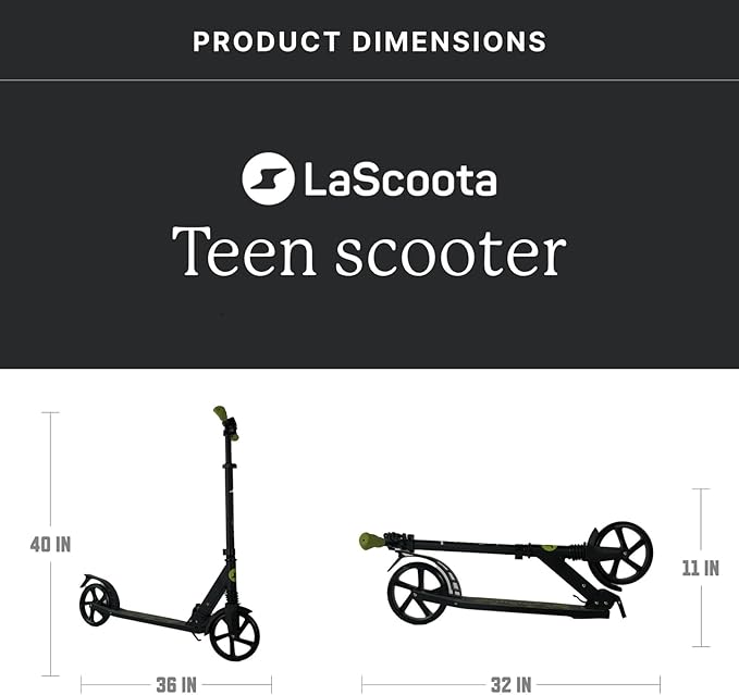 LaScoota Kick Scooter for Kids Ages 6+, Teens & Adults, Large 8" Sturdy Urethane Wheels. Adjustable Handlebar, Lightweight, Foldable, 220lbs Max Load
