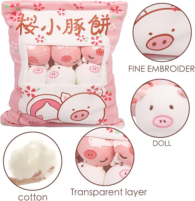 ARELUX Cute Pig Plush Pudding Pillow:Snack Pillow Toys Bag Removable Stuffed Animal 8Pcs Sets Creative Plush,Soft Sakura Pig Plushie Throw Pillow,Dolls Friends Family Member