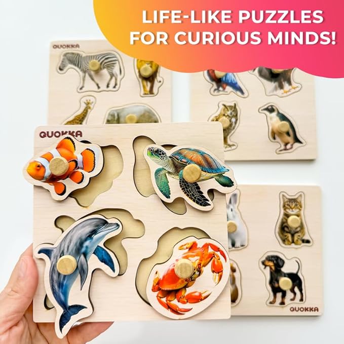 QUOKKA Wooden Puzzles for Toddlers 1-3 – 4 Set Pegged Puzzles for Kids Ages 2-4 – Animal and Birds Learning Toy for Kids – Gift Realistic Educational Game for Boy and Girl