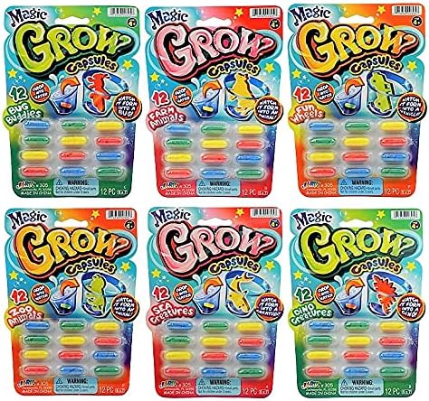 JA-RU Magic Grow Capsules for Kids - Water Growing Toys (24 Pack, 12 Capsules Each) Expanding Sea Creatures, Dinosaurs, Farm Animals Foam Bath Toys. Bulk Science Party Favors 305-24p