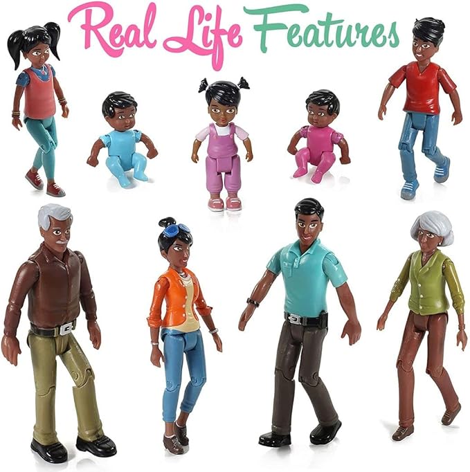 Beverly Hills Doll Collection Sweet Li'l Family African American Dollhouse People Set of 9 Action Figure Set - Grandpa, Grandma, Mom, Dad, Sister, Brother, Toddler, Twin Boy & Girl
