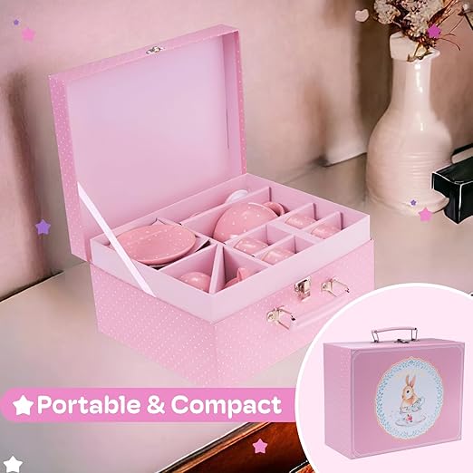 Jewelkeeper Tea Set for Little Girls - 14-Piece Porcelain Tea Party Set for Children Includes Teapot, Cups, Saucers, Creamer, and Sugar Bowl - Pink Polka Dot Design