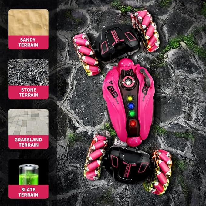 RC Stunt Car, 2.4GHz Remote Control Gesture Sensor Toy Cars, Double Sided Rotating Off Road Vehicle 360° Flips with Cool Lights, Spray， Music，for Boys and Girl 8-12 Year Old（Purplish red）