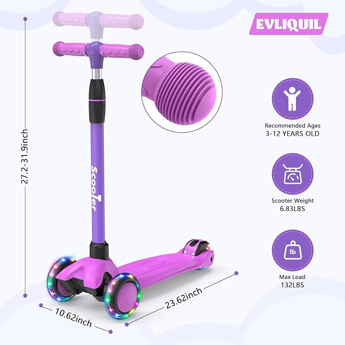 Kids Scooter,LED Lighted Wheels and 3 Adjustable Height Handlebars Scotters for Kids 3-12,3 Wheel Toddler Kick Scotter for Boys & Girls up to 132 Lbs.