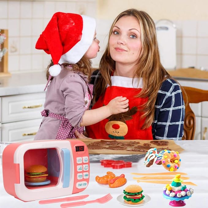 Microwave Kitchen Play Set with Light Sound for Kids with Pretend Fake Food and 6 Color DIY Play-Dough Clay Great for Toddlers 3 and Older Grils and Boys (Pink)