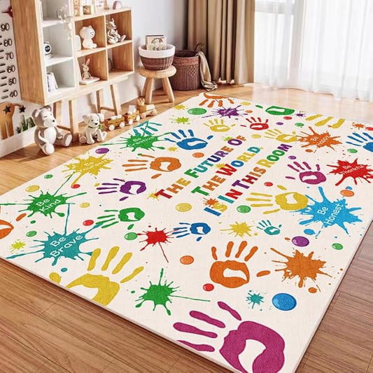 Colorful Kids Rug, Washable Rug for Kids, Handprints Area Rugs for Kids Bedroom, Non-Slip Play Mat Ultra Soft Thick Indoor Plush Rugs for Playroom Classroom Nursery Decor (9'2" X 6'7")