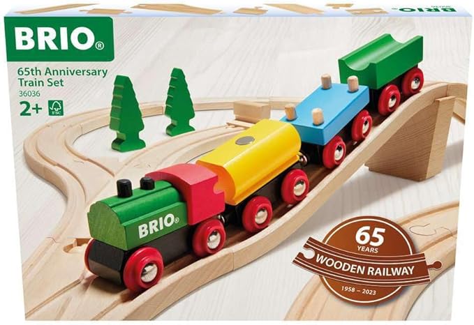 BRIO Classic 65th Anniversary Wooden Train Set - 32-Piece FSC-Certified Wood Train Set - Includes Wooden Trains, Wagons, Bridge & Tracks - Compatible Classic - Kids Ages 2 & Up
