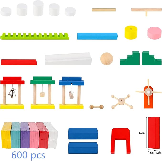 Joqutoys 600 PCS Dominoes Set for Kids, Wooden Domino Building Blocks, 6 Colors Bulk Dominoes Racing Tiles Games with Extra 26 Add-on Blocks and Storage Bag, Educational Toys for Kids Birthday Party