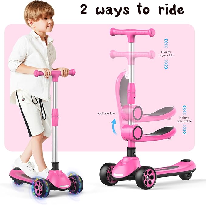 Kids Kick Scooter,Adjustable Height Handlebars and Removable Seat Scooters for Kids,3 Lighted Wheels Anti-Slip Deck Toddler Scooter for Boys & Girls Aged 3-12 up to 132 Lbs.