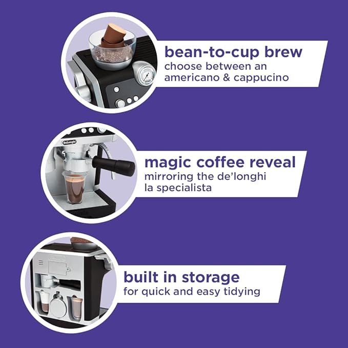 Casdon De'Longhi Toys Barista Coffee Machine. Toy Kitchen Playset for Kids with Moving Parts, Realistic Sounds and Magic Coffee Reveal. For Children Aged 3+, Silver, Black