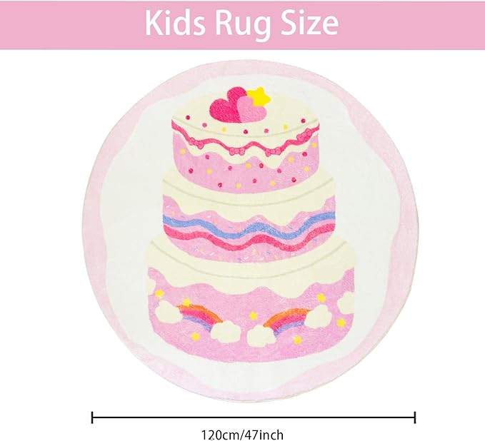 Kids Rug Pink Cake Bedroom Carpet for Girls 4Ft Round Rainbow Dessert Play Mat Circle Playroom Area Rug for Nursery Living Room Classroom Decor Washable Children Throw Rug