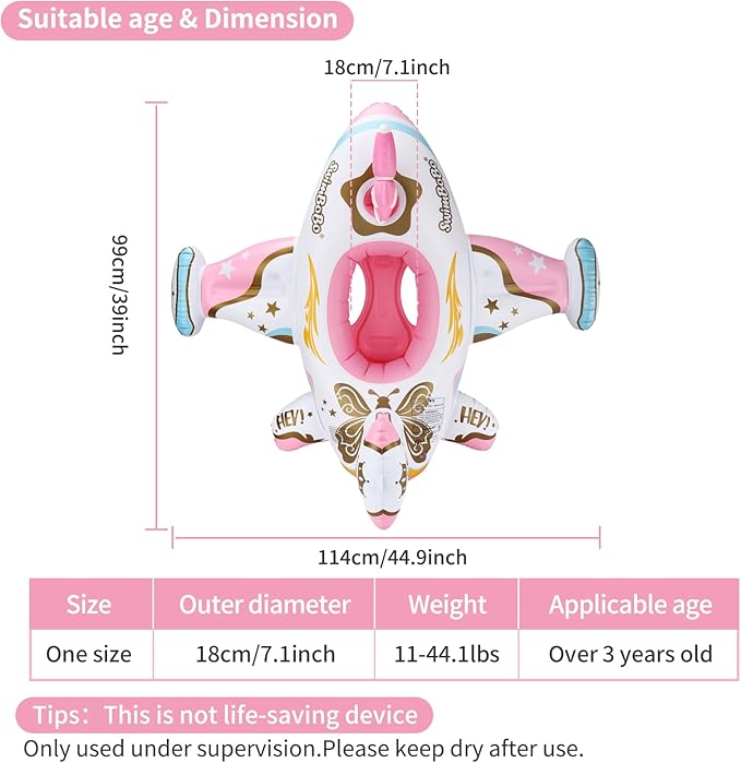 Swimbobo Toddler Pool Float Pink Inflatable Airplane Car Baby Swim Float with Water Gun and Safety Seat Pool Toys for Kids 3+ Years Old