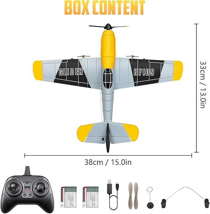 HAWK'S WORK 3 Channel RC Plane BF-109, Remote Control Airplane Ready to Fly, 2.4GHz 6-axis Gyro Stabilizer, Easy to Fly for Kids & Beginners