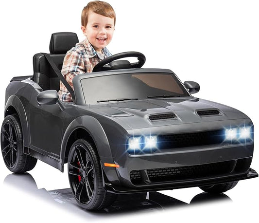 Kids Electric Car | Licensed Dodge Challenger Ride-On 12V Battery-Powered Vehicle with Remote, LED Lights, Bluetooth, MP3 for Boys and Girls, Grey