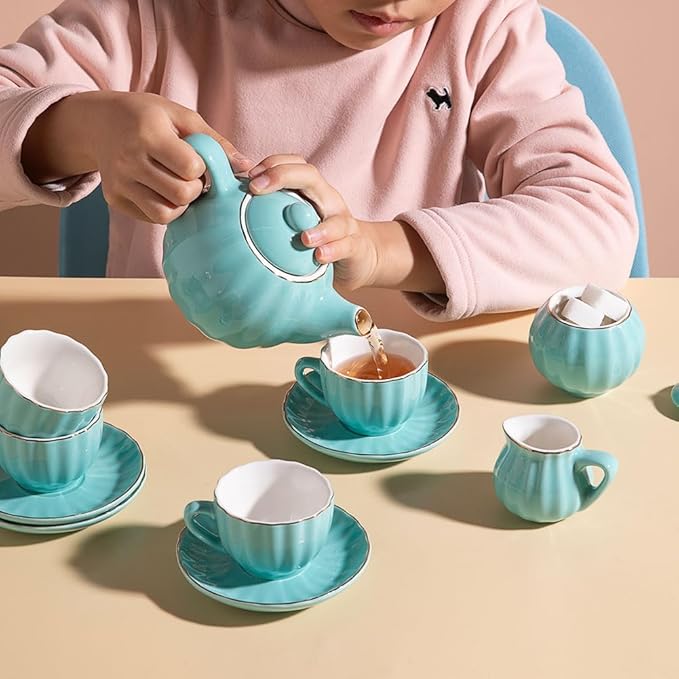 Sweejar Porcelain Tea Set for Little Girls,Kitchen Toys Tea Party Set for Kids Toddler Kitchen Pretend Toy Include Children Teapot, Cup & Saucer Set of 4, Sugar Bowl and Cream Pitcher(Turquoise)