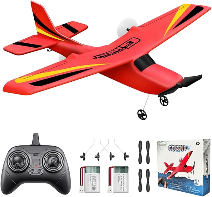 HAWK'S Work 2 CH RC Airplane, RC Plane Ready to Fly, 2.4GHz Remote Control Airplane, Easy to Fly RC Glider for Kids & Beginners (Red)