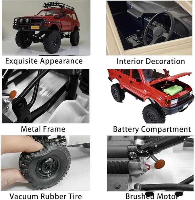 GoolRC RC Truck, WPL C54-1 RC Crawler 1/16 Scale Remote Control Car, 4WD All Terrain Off Road RC Rock Crawler, 2.4GHz RC Climbing Car with LED Lights and Two Batteries for Kids and Adults (Red)