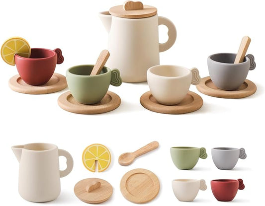 Wooden Tea Set for Little Girls, Enchanting Tea Party Set Silicone Tea Set Teapot Cups Carrying Scoop Kids Kitchen Accessories Toys Toddler Tea Set Girls Gift