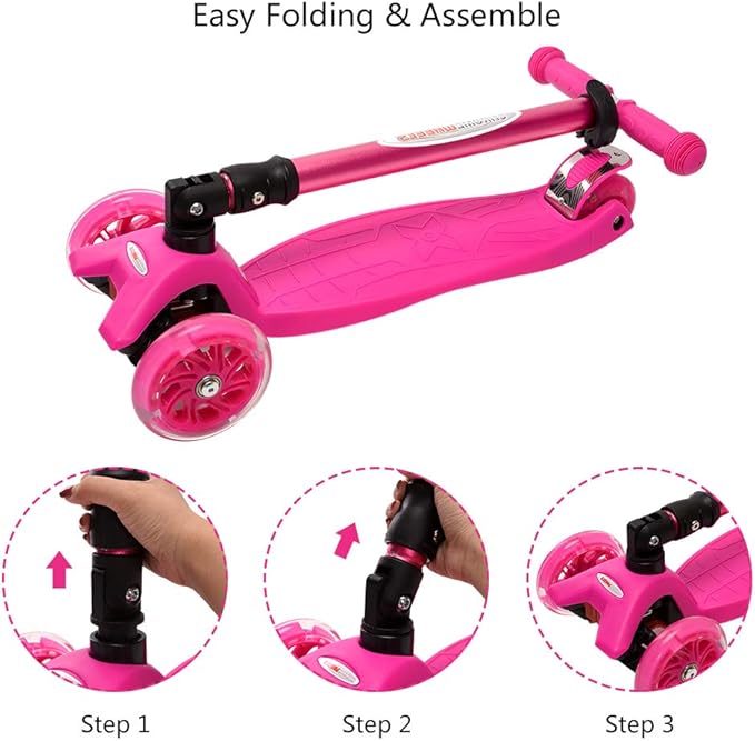 ChromeWheels Scooters for Kids, Deluxe Kick Scooter Foldable 4 Adjustable Height 132lbs Weight Limit 3 Wheel, Lean to Steer LED Light Up Wheels, Best Gifts for Girls Boys Age 3-12 Year Old
