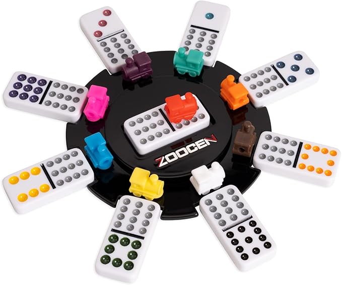 Double 12 Coloured Dot Dominoes Mexican Train Game Set with Wooden Case, 91 Tiles 9 Trains, Scoreboard, Acrylic Game hub