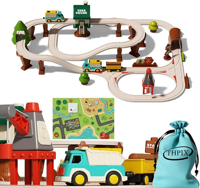 64pcs Forest Track Adventure Train Set with Magnetic Link Logging Truck,Train Track for 3-7 Years Old Toddlers & Kids, Railway Set Christmas Toys for Kids,Rail Car Set for Boys & Girls