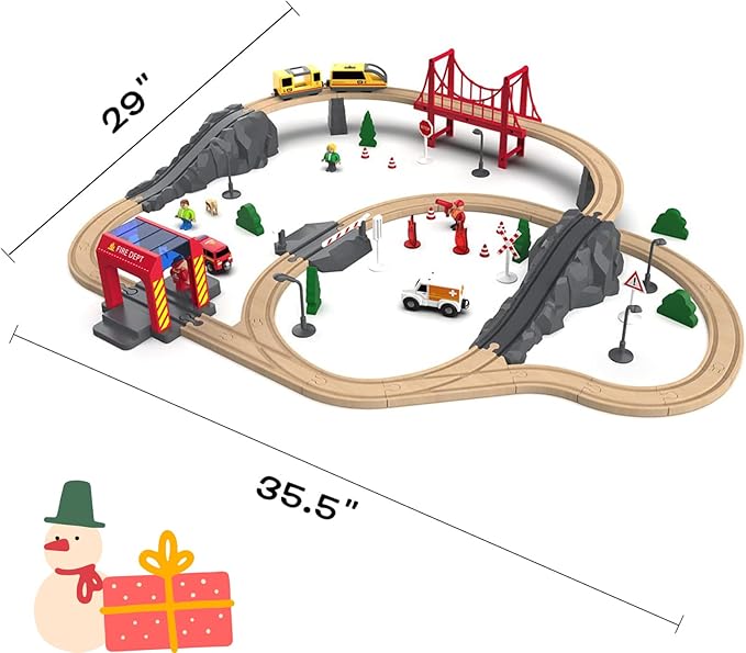 Giant bean 72PCS Fire Station Wooden Train Track Electric Train Set, Gift Packed Toy Railway Kits for Kids, Toddler Boys and Girls 3,4,5 Years Old and Up, Christmas Birthday Gift Toy for Kids