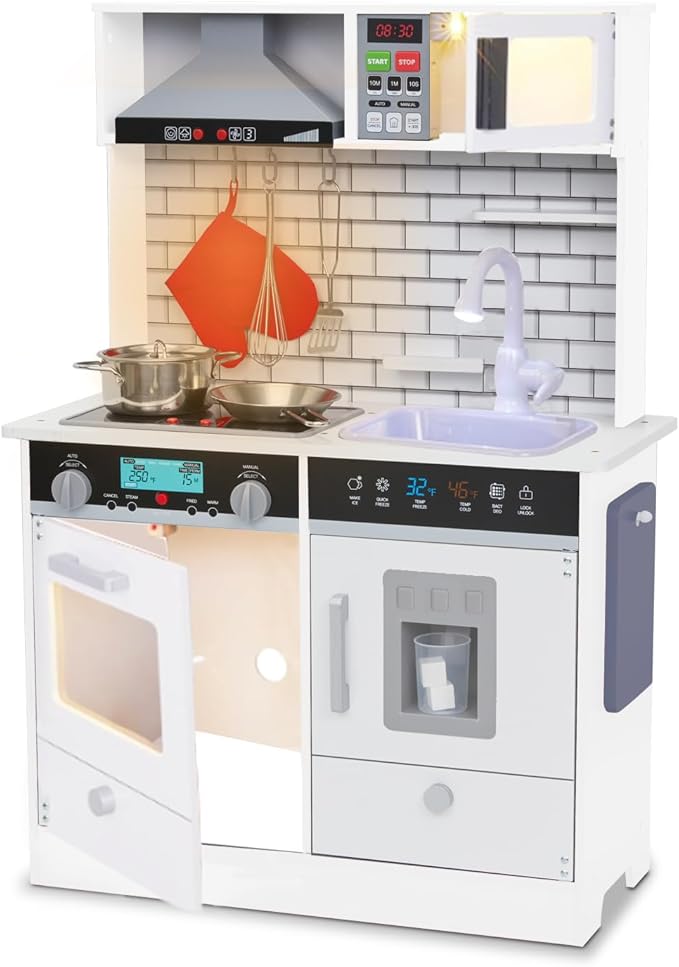 Lil' Jumbl Kids White Small Kitchen Set, Pretend Wooden Play Kitchen, Includes Range Hood, Microwave, Stove Top, Oven That Make Realistic Sound & Light, Pots, Pan, Cutting Board & Utensils Included,