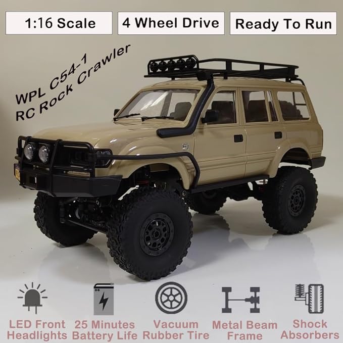 GoolRC RC Truck, WPL C54-1 RC Crawler 1/16 Scale Remote Control Car, 4WD All Terrain Off Road RC Rock Crawler, 2.4GHz RC Climbing Car with LED Lights and Two Batteries for Kids and Adults (Yellow)