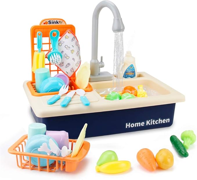 BOBXIN Play Sink with Running Water, Kids Play Kitchen Toy Sink Electric Dishwasher, Pretend Role Play Kitchen Toys Set with Upgraded Working Faucet and Dishes Playset for Girls, Toddler and Boys
