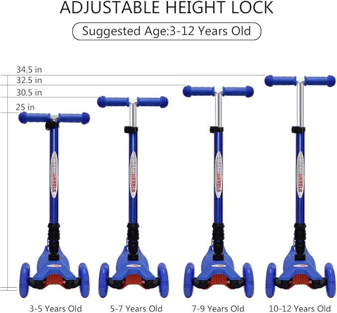 ChromeWheels Scooters for Kids, Deluxe Kick Scooter Foldable 4 Adjustable Height 132lbs Weight Limit 3 Wheel, Lean to Steer LED Light Up Wheels, Best Gifts for Girls Boys Age 3-12 Year Old