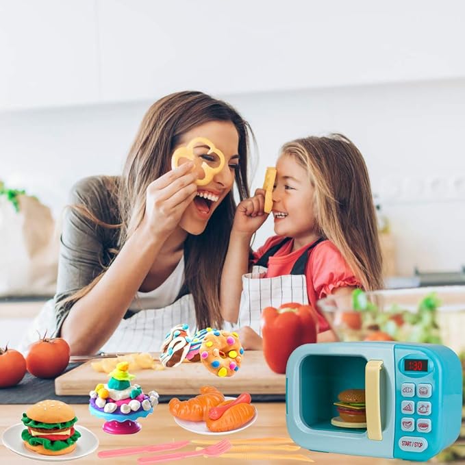 Microwave Kitchen Play Set with Light Sound for Kids with Pretend Fake Food and 6 Color DIY Play-Dough Clay Great for Toddlers 3 and Older Grils and Boys (Blue)