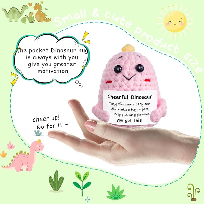 Funny Easter Basket Stuffers Positive Crochet Animals Dinosaur, Stress Relief Gifts for College Student Graduation Boyfriend Husband Women Birthday Desk Decor(Pink Dinosaur)
