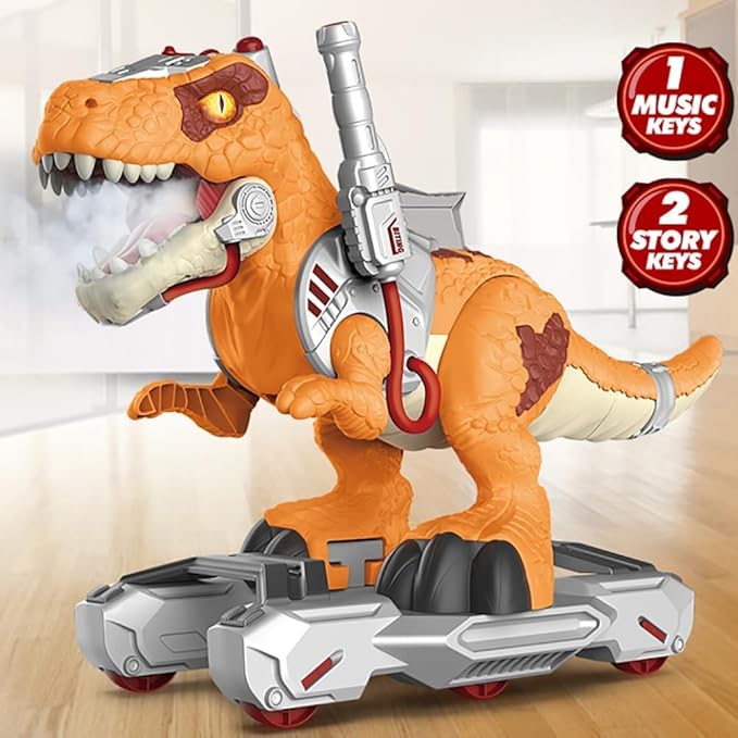 Dinosaur Ride-On Scooter for Toddlers – Electric Push & Ride Foot-to-Floor Sliding Rideable Toy with Music, Lights, Mist Spray for Boys & Girls - Orange (Orange)