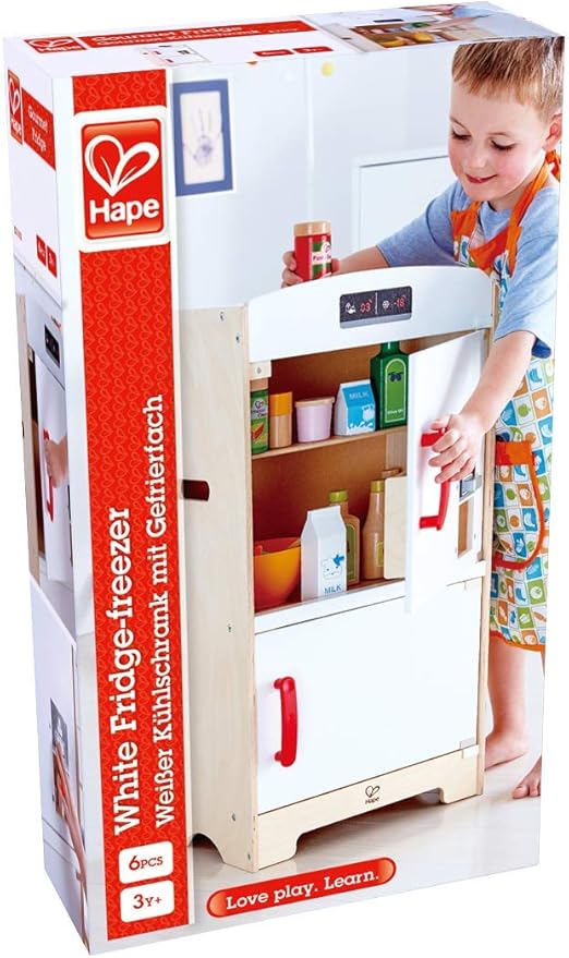 Hape Gourmet Kitchen Wooden Fridge | Cabinet Style Refrigerator Fridge Freezer with Ice Dispenser