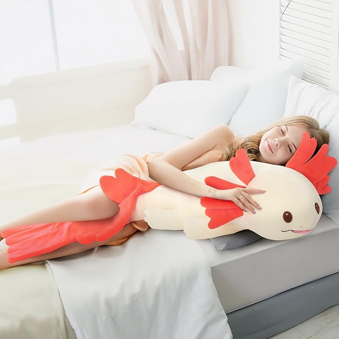 Axolotl Stuffed Animals Long Body Throw Pillow, Giant Love Heart Salamander Plush Bolster Body Pillow, Christmas Birthday Valentines Gift for Sider Sleeper Kids Girls Boys Adults