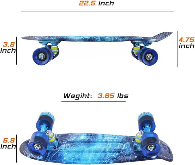 Skateboards Complete 22 Inch Mini Cruiser Retro Skateboard for Kids Boys Youths Beginners