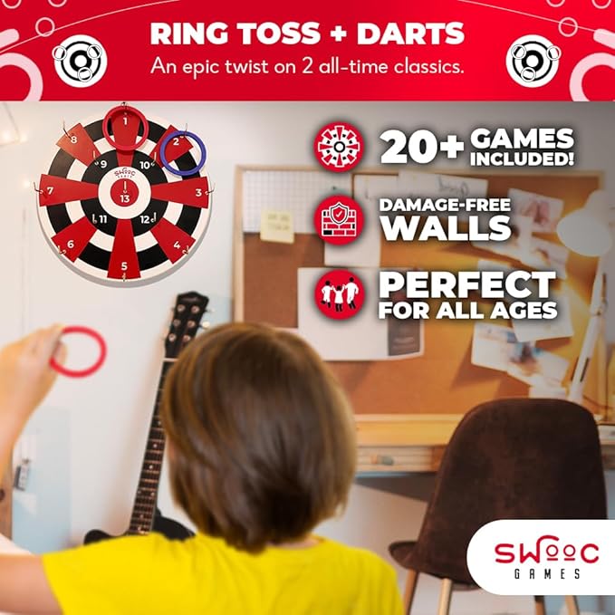SWOOC Games ‒ Hook Darts Ring Toss Game ‒ Wood Board & Soft Rings ‒ 20+ Games Included for Kids & Adults ‒ Wall Mounted Ring and Hook ‒ Indoor & Outdoor Wall Decor for Game Room, Patio, Garage, Yard