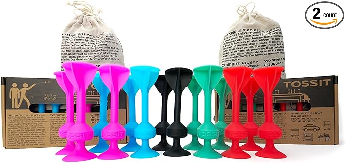 TOSSIT Game Suction Cup Darts, Toss Game Perfect Family and Party, Silicone Throwing Game for Backyard, Indoor and Outdoor Fun, Twin Pack, Red Cyan Pink Blue
