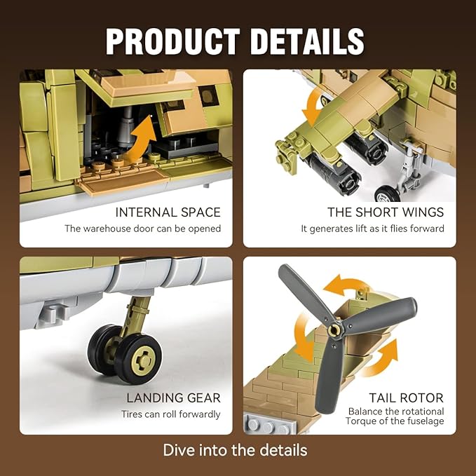 DAHONPA MI-24S Helicopter Medium Utility Military Army Airplane Building Bricks Set, 850+ Pieces Air-Force Build Blocks Toy, Gift for Kid and Adult