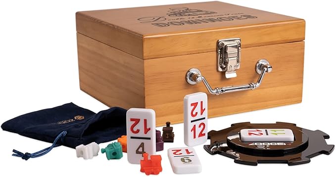 Mexican Train Dominoes Set with Numbers, Double 12 Dominos Game Set with Wooden Case, Full Dominoes Set with 91 Tiles 9 Trains, Scoreboard, Acrylic Game hub