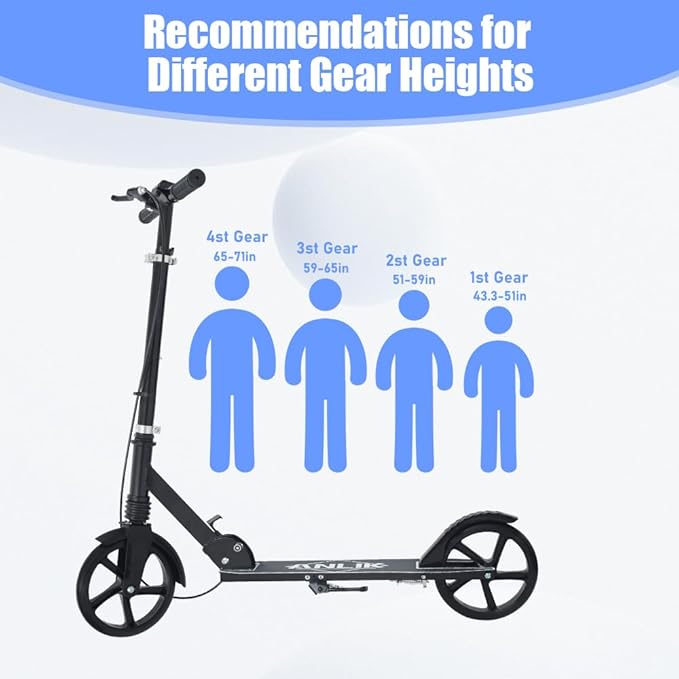 Dual-Brake Shock-Absorbing Kick Scooter, Anti-Skid PU Wheels, 4 Height-Adjustable Positions, Wider Pedals, Suitable for Children Over 6 Years Old, Teenagers & Adults