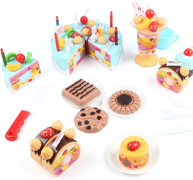 75PCS DIY Cutting Cake Set - Kids Play Kitchen Food Pretend Play Toy - Best for Girls Birthday Party Gift (75PCS Blue)