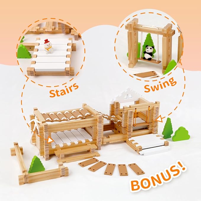 Jovi-mindly＆Notchies 96 PCS Wooden Blocks Wooden Toys with Storage Bag, Preschool Learning Toys Wood Blocks Building for Kids Ages 4-8 Creative Construction Game,FSC Certified,Graduate Gifts